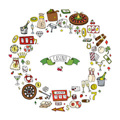 Hand drawn doodle set of Casino icons. Vector illustration set. Cartoon Gambling symbols. Sketchy game elements collection: bet, jackpot, cards, chips, coins, darts, roulette, poker, money, slot.