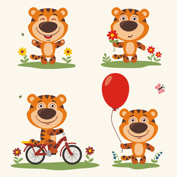 Vector set funny tiger plays on meadow. Collection isolated tiger on bicycle, with balloon and flower in cartoon style.
