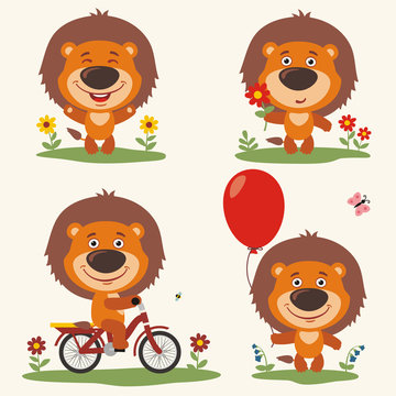 Vector set funny lion plays on meadow. Collection isolated lion on bicycle, with balloon and flower in cartoon style.