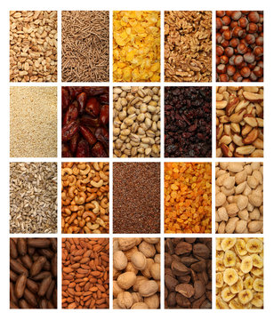 Collection of healthy dried fruits, cereals, seeds and nuts isolated on white background. Large Image