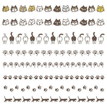 いろいろな種類の猫、猫しりや肉球の飾り罫線