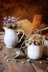 retro effect photo rustic homemade yogurt jar