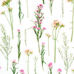 Fototapeta na wymiar Floral pattern with pink and beige wildflowers, green leaves, branches on white background. Flat lay, top view. Valentine's background