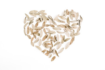 Heart symbol made of dried leaves on white background. Flat lay, top view. Valentine's background.