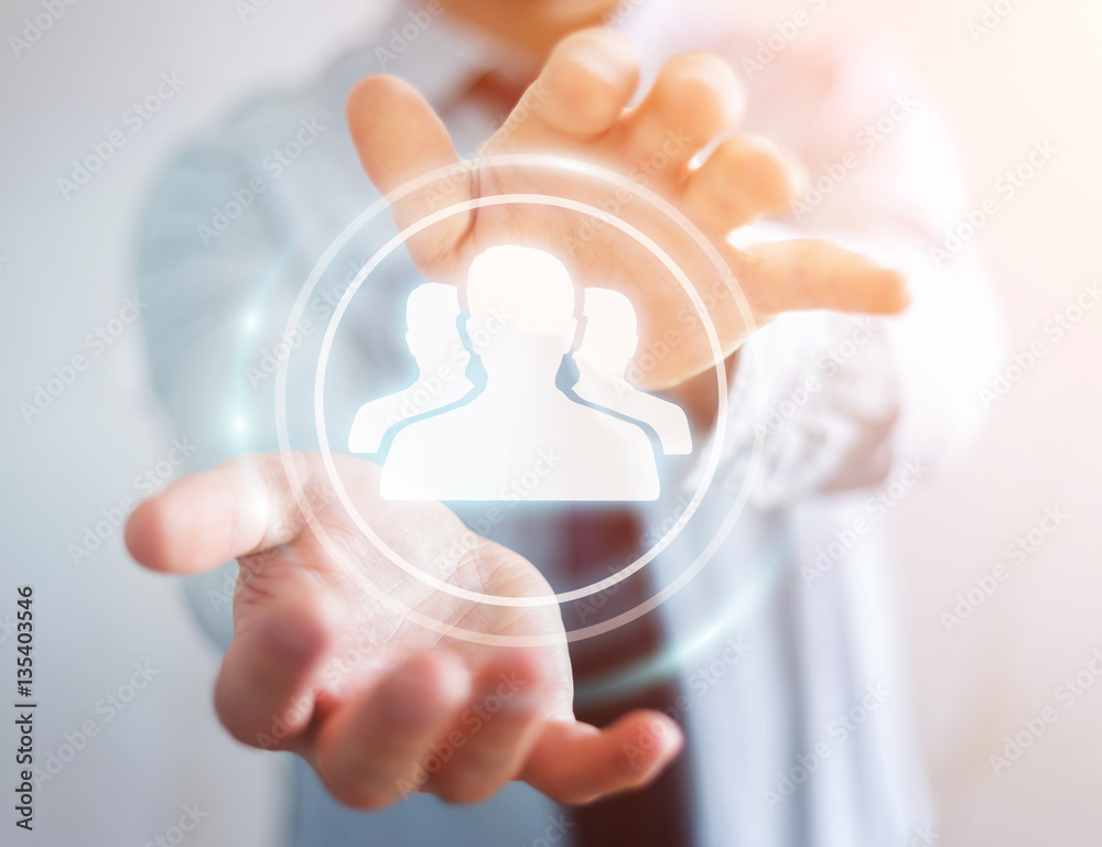 Poster businessman using blue social network 3d rendering