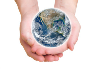 Man holding globe on her hands, South and North America. Elements of this image furnished by NASA
