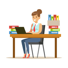 Woman Working At Her Desk With Computer And Folders, Part Of Office Workers Series Of Cartoon Characters In Official Clothing