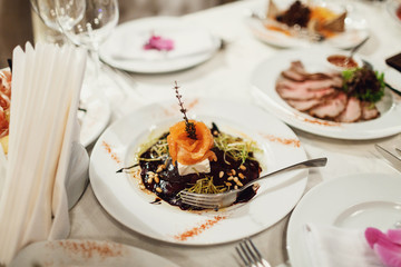 Chocolate mousse with fruit and cheese on top