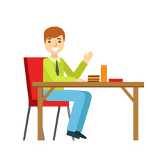 Man Alone At The Table Eating Cake, Smiling Person Having A Dessert In Sweet Pastry Cafe Vector Illustration
