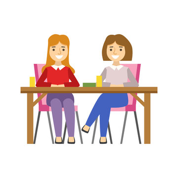 Girlfriends Sitting At The Table, Smiling Person Having A Dessert In Sweet Pastry Cafe Vector Illustration
