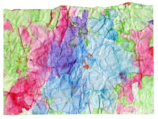 Crumpled paper watercolor backdrop illustration. Hand drawn colorful grunge texture. Pattern with multicolor splashes and scratches