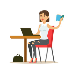 Woman Studying Copying From The Book To Lap Top, Smiling Person In The Library Vector Illustration