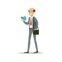 Bold Man Teacher Walking Reading A Book, Smiling Person In The Library Vector Illustration