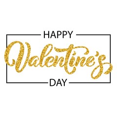 Happy Valentine's Day hand drawn brush lettering with golden glitter texture in black square frame, isolated on white background. Perfect for holiday design. Vector illustration.