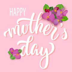 Fototapeta na wymiar Happy mother's day hand lettering typography, with beautiful flowers, on retro pink background. Vector illustration.