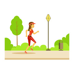 Woman Running In Sportive Clothes On The Street, Part Of People In The Park Activities Series