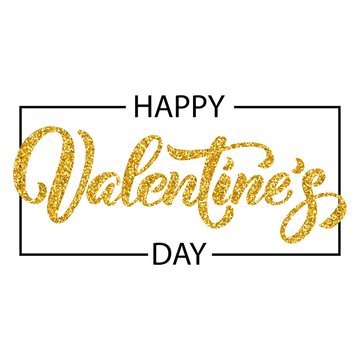Happy Valentine's Day hand drawn brush lettering with golden glitter texture in black square frame, isolated on white background. Perfect for holiday design. Vector illustration.