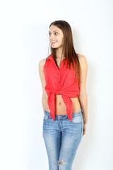 Emotional excited girl looking to the side and greatly surprised