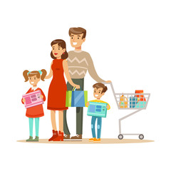 Family Of Four. Colorful Vector Illustration With Happy People In Supermarket.