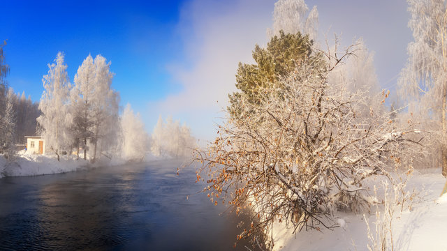 зимний пейзаж на берегу реки с туманом и с растительностью в инее, Россия, Урал
