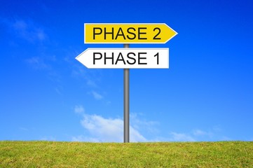 Schild Wegweiser zeigt Phase 1 und Phase 2