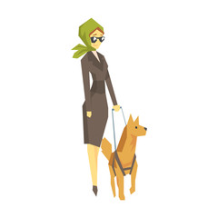 Stylish Blind Woman With Guiding Dog, Young Person With Disability Overcoming The Injury Living Full Live Vector Illustration