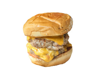 Cheese burger with pork, melted cheese, vegetable, isolated on white, closeup shot