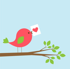 Cute bird with Valentine card on branch