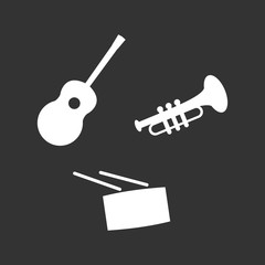 Set of musical instruments logos - icons. Guitar, trumpet and drum. White color. Isolated vector illustrations.