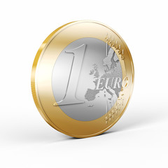  detail of a coin depicting one euro, white background, nobody around. money and economy concept. savings.