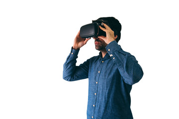 Man adjusting virtual reality headset isolated in white background.