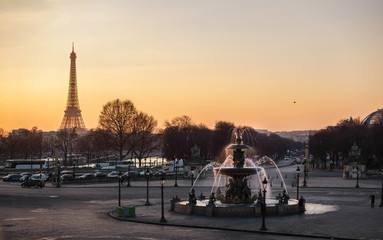 Fototapeta na wymiar Concorde Square and the Eiffel Tower at sunset in Paris, France