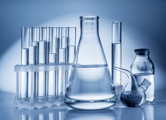 Different laboratory beakers and glassware.