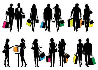 Several people in shopping center - vector silhouettes