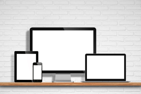 computer monitor, laptop, tablet pc and mobile phone with blank