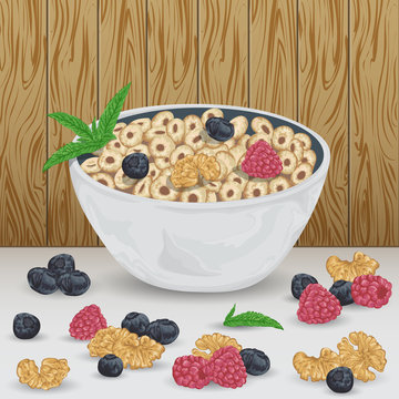 Cereal rings in bowl with raspberry, blueberry, walnut and mint leaves on wooden background. Healthy breakfast. Isolated elements. Hand drawn vector illustration