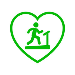 Icono plano cinta ergométrica en corazón verde en fondo blanco