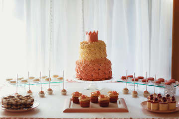 Glass plates with sweets surround pink tired birthday cake