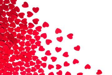  Valentine's day  decorative border of red hearts confetti isolated on white background. Festive valentine backdrop.