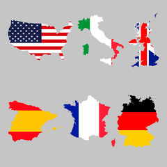 set of map flags Usa, Italy, United Kingdom, Spain, France, Germany