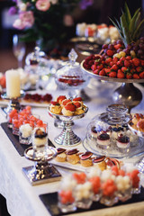 Rich candy bar served with dishes of fruits and pastry