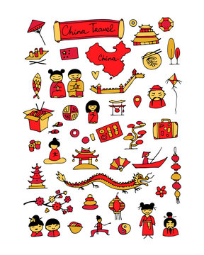 China travel, icons set. Sketch for your design