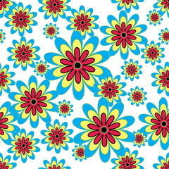 Seamless vector pattern with romantic flowers with red blue color accents. Endless texture for textile, wrap or wallpaper.