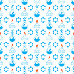 Seamless vector chemistry and research pattern - flasks, burners and molecules. Symbols in blue color on white background. Endless texture for documents, textile, wrap or wallpaper.