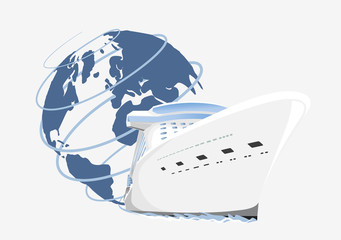 Globe and cruise ship vector icons. Round-world voyage. Logo for travel agency. Traveling all around the world concept.