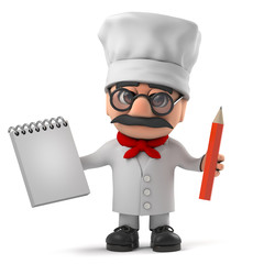 3d Funny Italian pizza chef character has a notepad and pencil