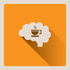 Brain thinking of a cup of coffee illustration on yellow square background with shade
