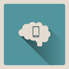 Brain thinking on the smartphone illustration on blue square background with shade