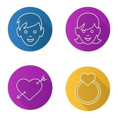 Valentine's Day flat linear long shadow icons set