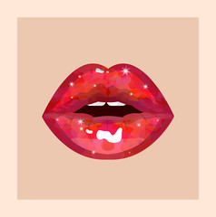 Sexy sweet candy passion lips on skin color background, shining gloss lipstick, erotic open mouth, sexual wet pink lip, white teeth